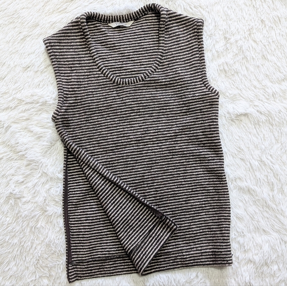 Tucker Tops - Tucker 100% Wool Brown & Cream Striped Sleeveless Knit Shell Top Small